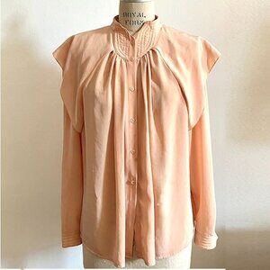 Gorgeous vintage 80s blush crepe de chine capelet blouse, trapunto stitching, L